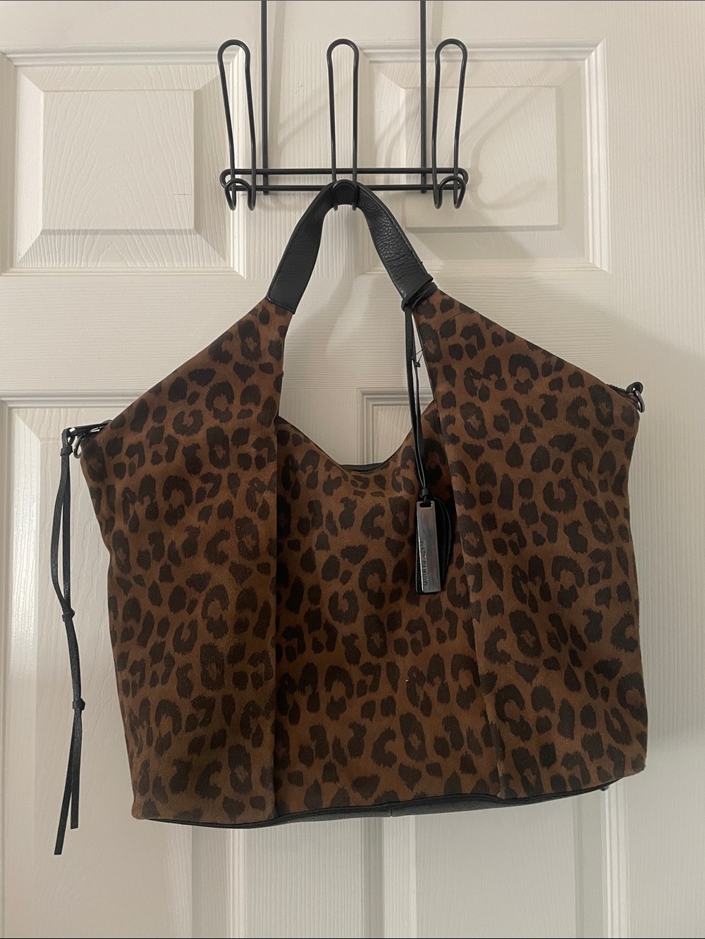 Vince Camuto Convertible Lamb Leather Pleated Tote  Steph in Leopard/Black NWT
